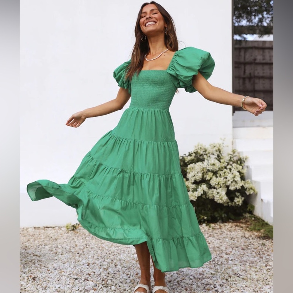 PETAL & PUP new Morgan Annette Green Shirred A-Line Puff Sleeve Tier Dress NWOT - Picture 4 of 15